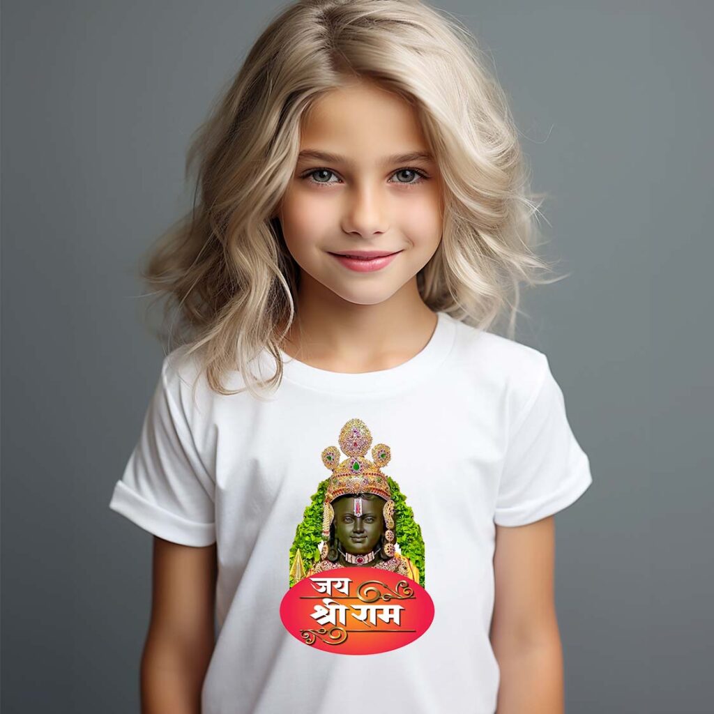 Cute girl with long blond hair wearing white outfit. T-shirt template, print presentation mockup. Happy child standing against neutral grey wall background.